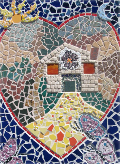 a mosaic of a house and a heart