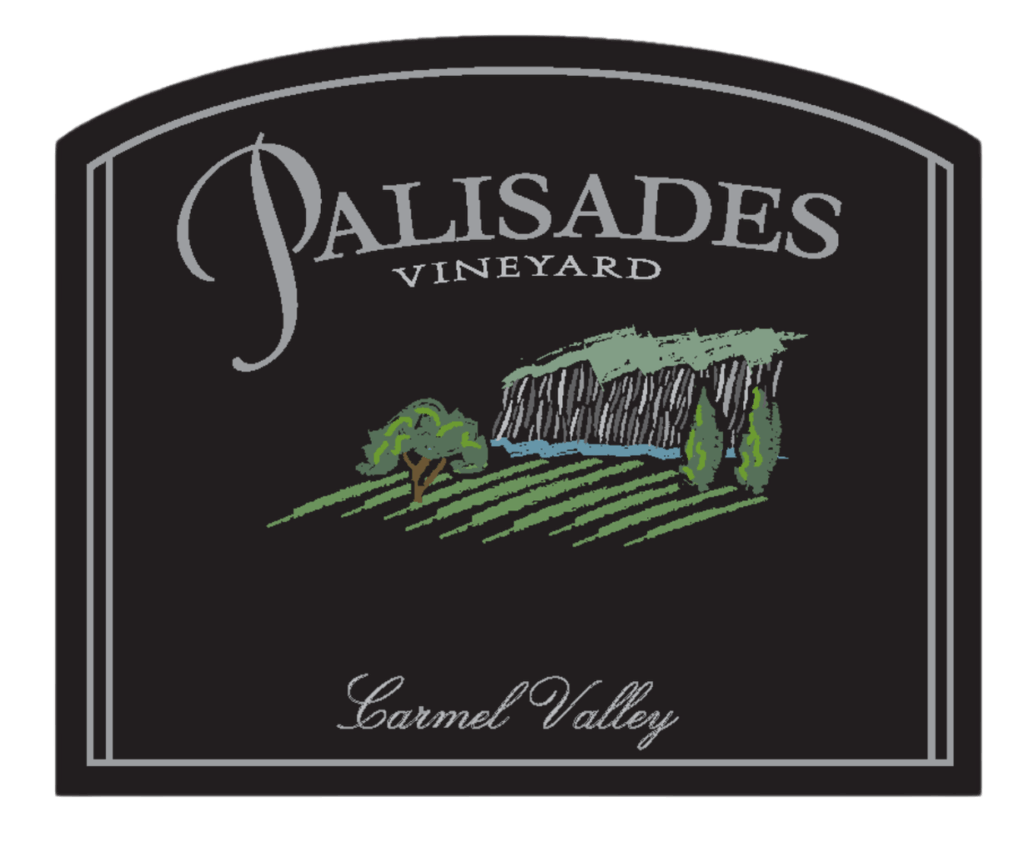 a black label with a picture of a vineyard and a waterfall